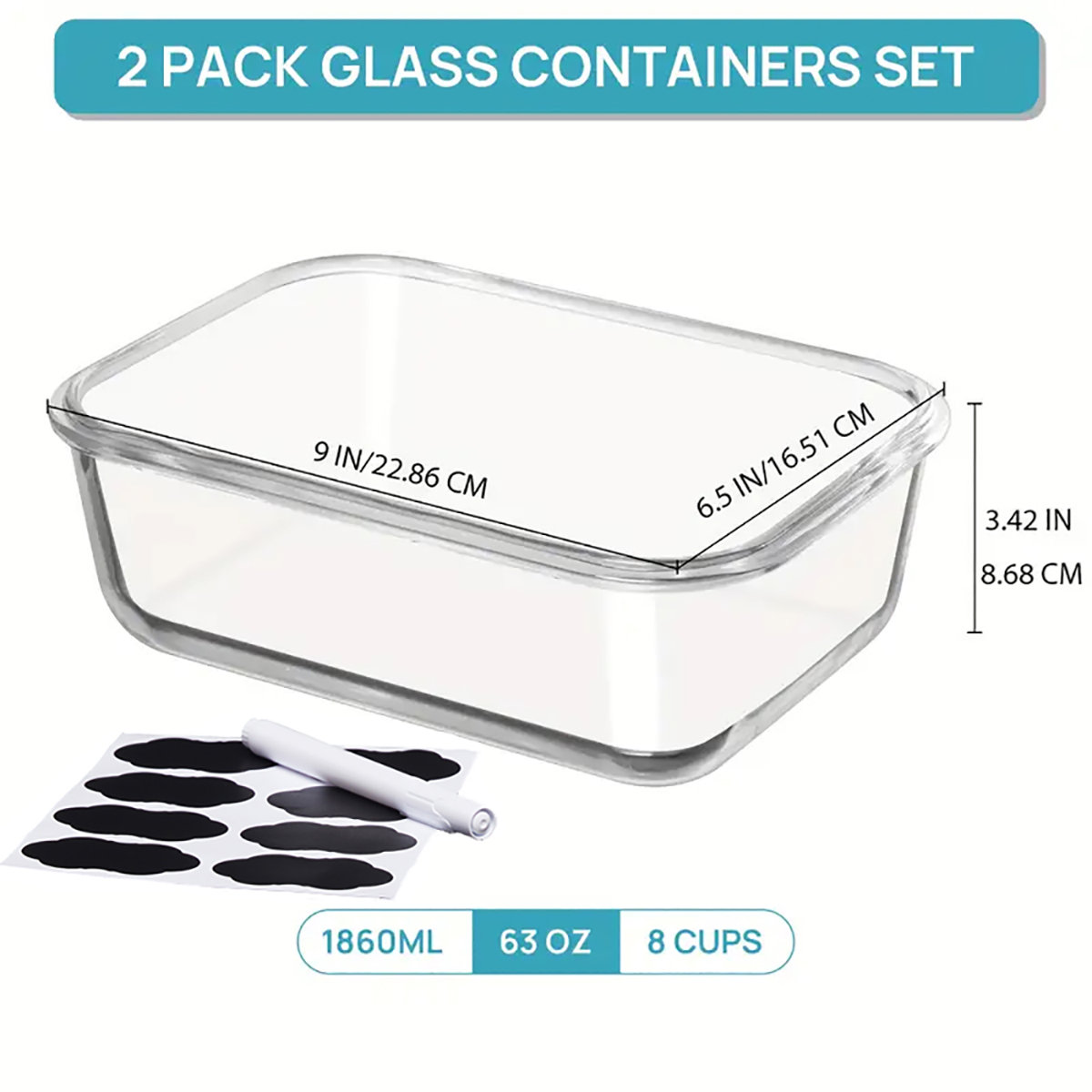 2Pack 1860Ml/ 63Oz Large Glass Storage Containers With Lids, Meal Prep Food Container Set With Snap Airtight Lid For Baking, Microwave, Oven, Leak Proof, For Freezer, Dishwasher